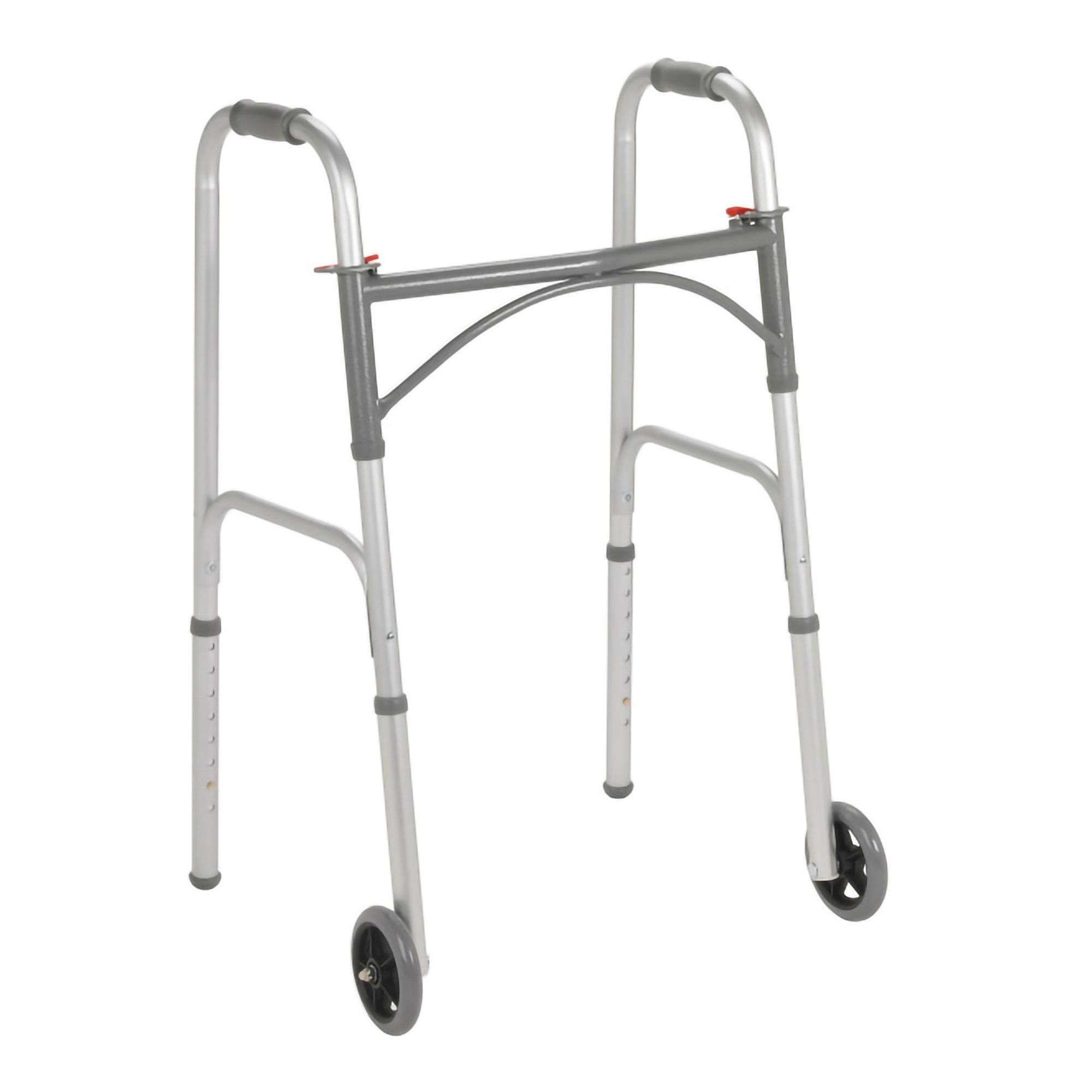 McKesson Dual Release Folding Walker with Wheels - Adjustable Height Steel Frame, 350 lbs Capacity, Part #146-10244-1
