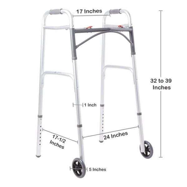 McKesson Dual Release Folding Walker with Wheels * Adjustable Height Aluminum Frame, 350 lbs Capacity - Image 3