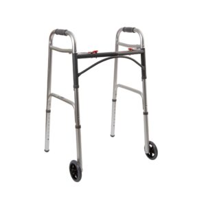 McKesson Dual Release Folding Walker with Wheels - Adjustable Height Aluminum Frame, 350 lb Capacity, Model 146-10210-4