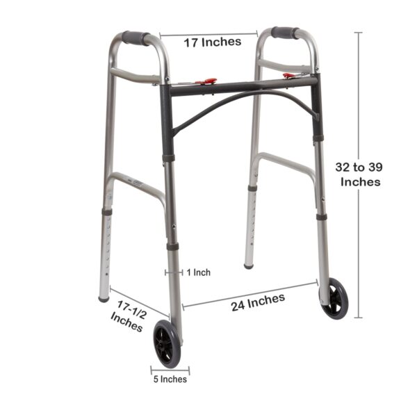 McKesson Dual Release Folding Walker with Wheels - Adjustable Height Aluminum Frame, 350 lb Capacity, Model 146-10210-4 - Image 4