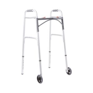 McKesson Dual Release Folding Walker with Wheels * Adjustable Height Aluminum Frame, 350 lbs Capacity