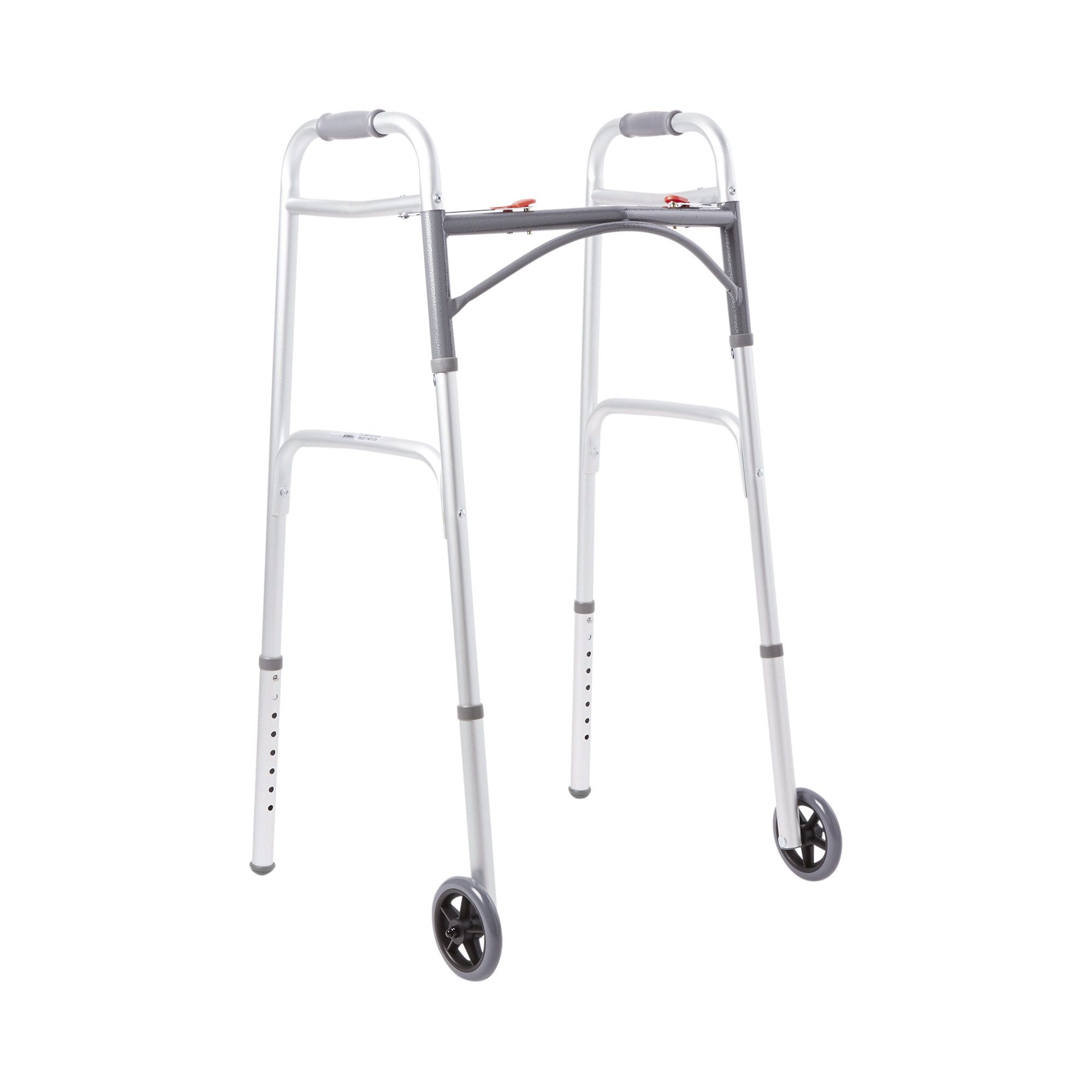 McKesson Dual Release Folding Walker with Wheels * Adjustable Height Aluminum Frame, 350 lbs Capacity
