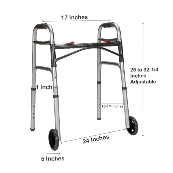 McKesson Dual Release Folding Walker with Wheels - Adjustable Height Aluminum Frame, 350 lb Capacity - Image 2