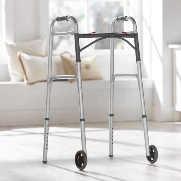 McKesson Dual Release Folding Walker with Wheels * Adjustable Height Aluminum Frame, 350 lbs Capacity - Image 4