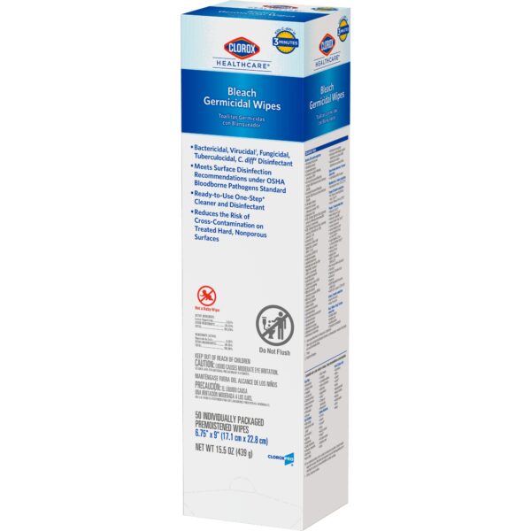Clorox Healthcare Germicidal Bleach Wipes – 50 Count, 6.75 x 9 Inches, Hospital-Grade Surface Disinfectant - Image 2