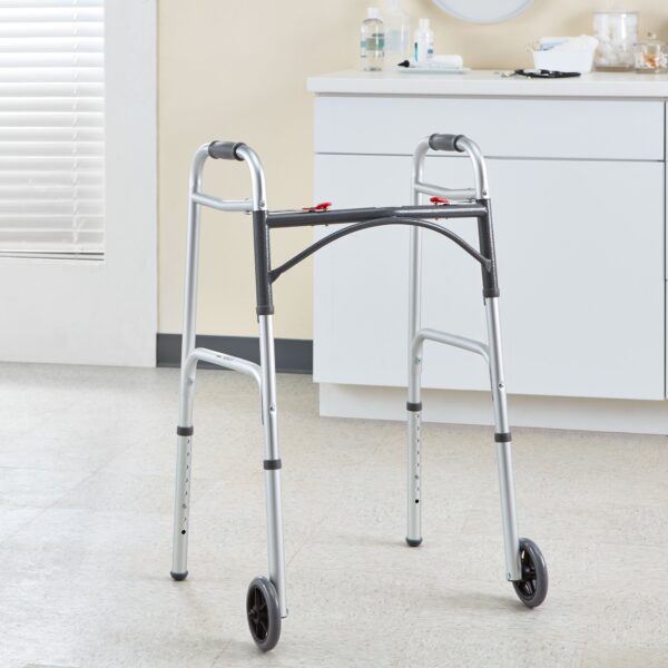McKesson Folding Walker with Adjustable Height and 5-Inch Wheels - Silver Aluminum Frame, Supports Up to 350 lbs - Image 5