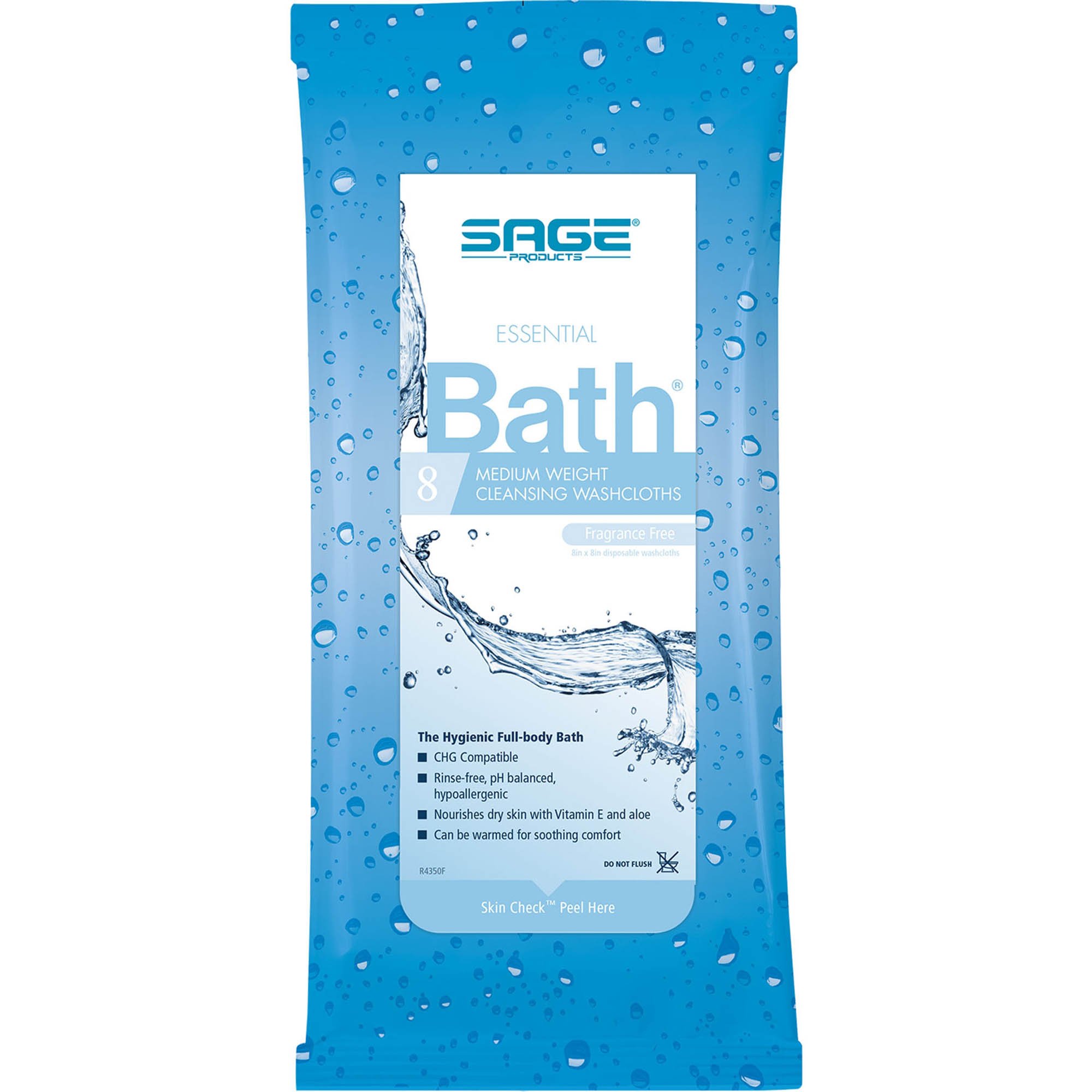Essential Bath Rinse-Free Bath Wipes Medium Weight Unscented by Sage Products – 8 Pack