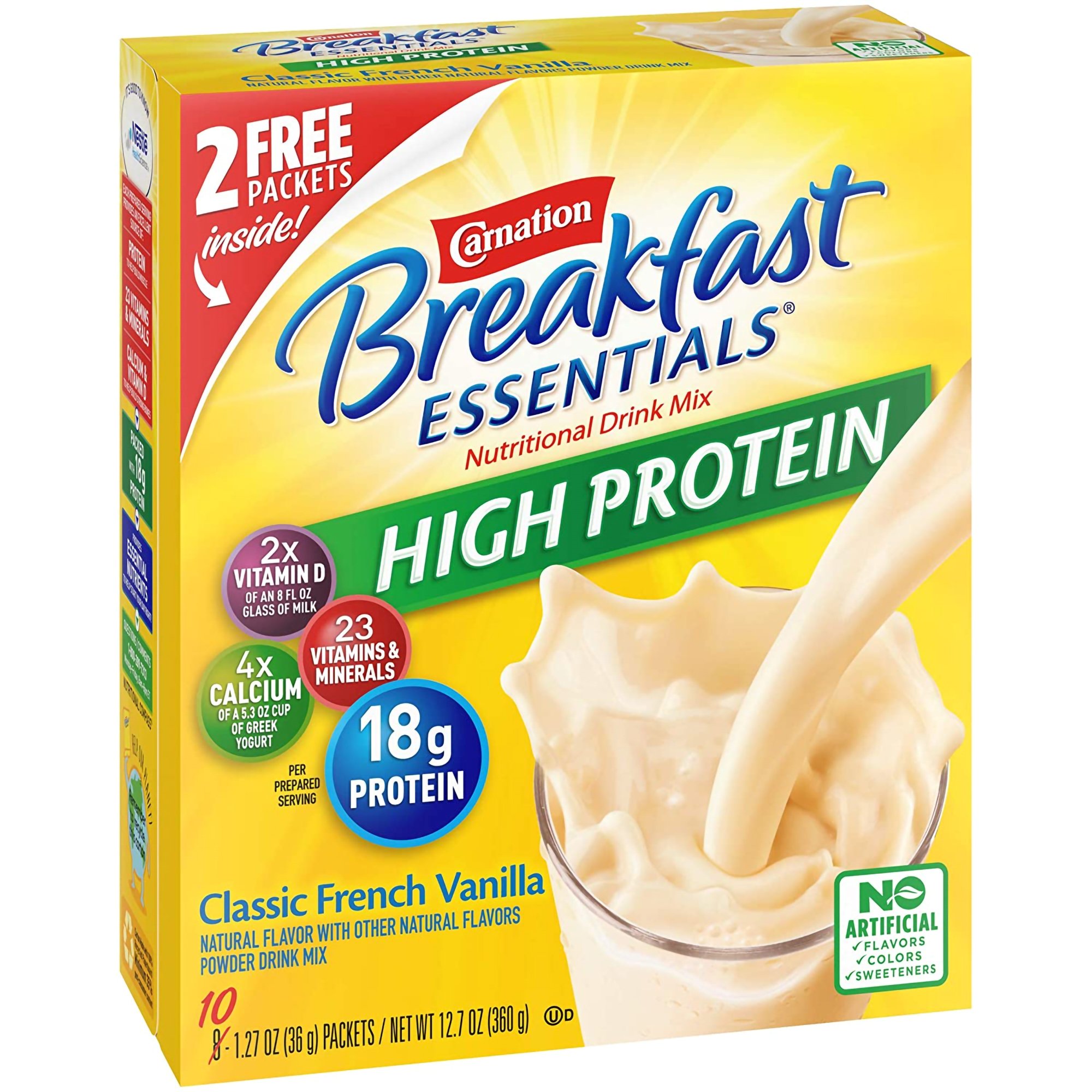 Carnation Breakfast Essentials High Protein Vanilla Nutritional Drink - 1.31 oz. Packets, 18g Protein, Calcium & Vitamin D Boost for Ages 9+