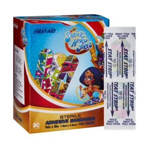 Stat Strip American? White Cross First Aid Adhesive Bandages with DC Super Hero Girls Kid Design, 3/4 x 3 Inches