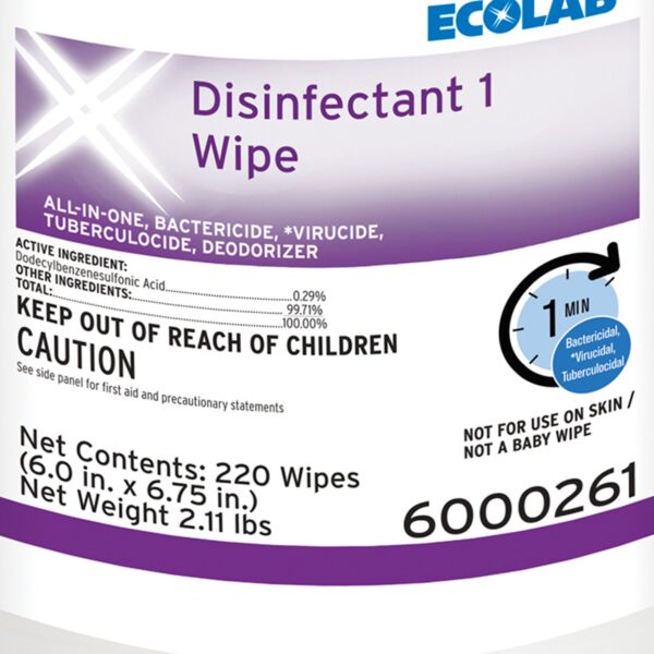Ecolab Disinfectant 1 Surface Disinfectant Wipes – 6 x 6.75 Inch, 220 Count Canister, Bactericidal and EPA List N Approved - Image 2