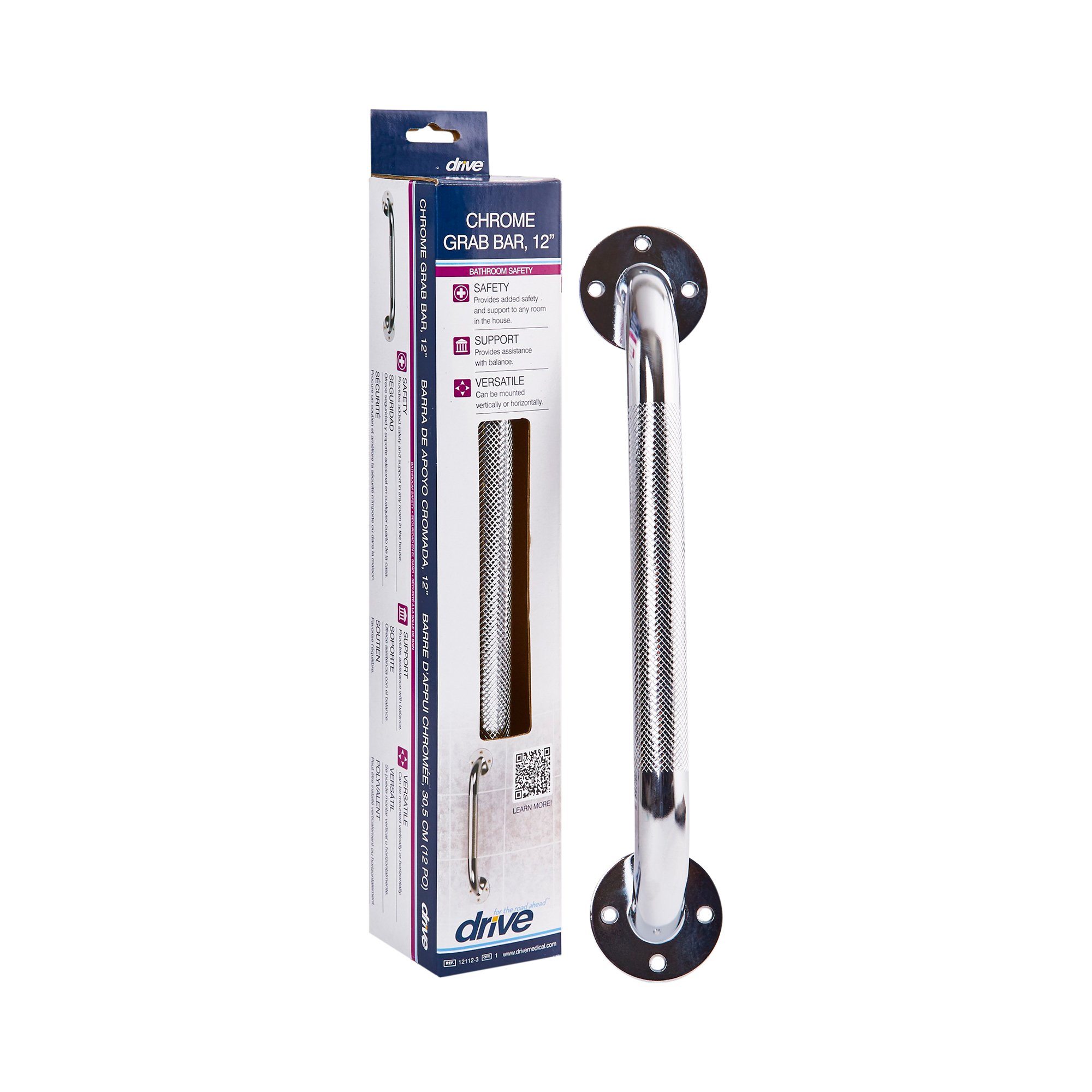 Drive™ Chrome Knurled 12-Inch Wall Grab Bar for Safety and Support