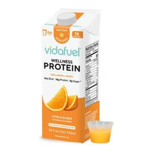 Vida Fuel Wellness Protein Drink with Collagen and Whey, Orange Burst Flavor * 2 oz. Liquid Oral Supplement, 32 oz. Reclosable Carton