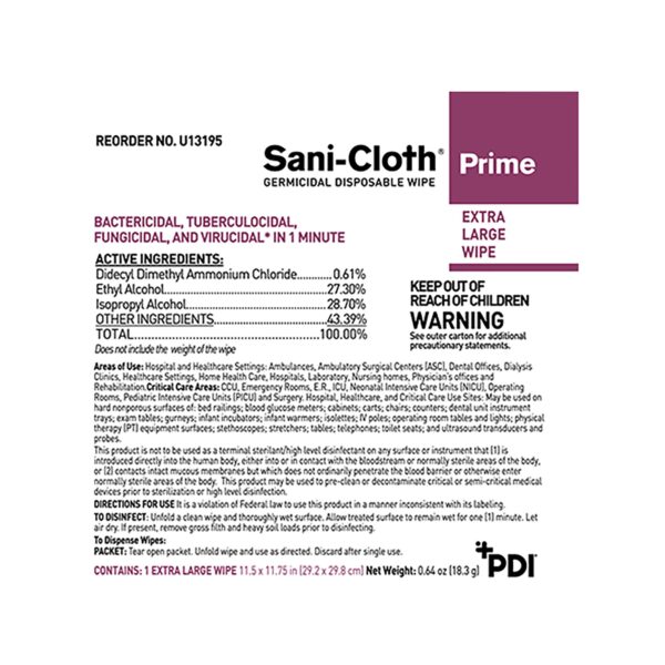 Sani-Cloth® Prime Extra Large Germicidal Disinfectant Wipes – 11.5 x 11.75 Inch, 50 Count - Image 3