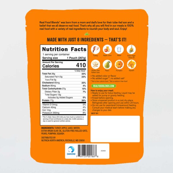 Real Food Blends Select Turkey, Pears & Pumpkin Enteral Tube Feeding Pouch - 9.4 oz - Image 2