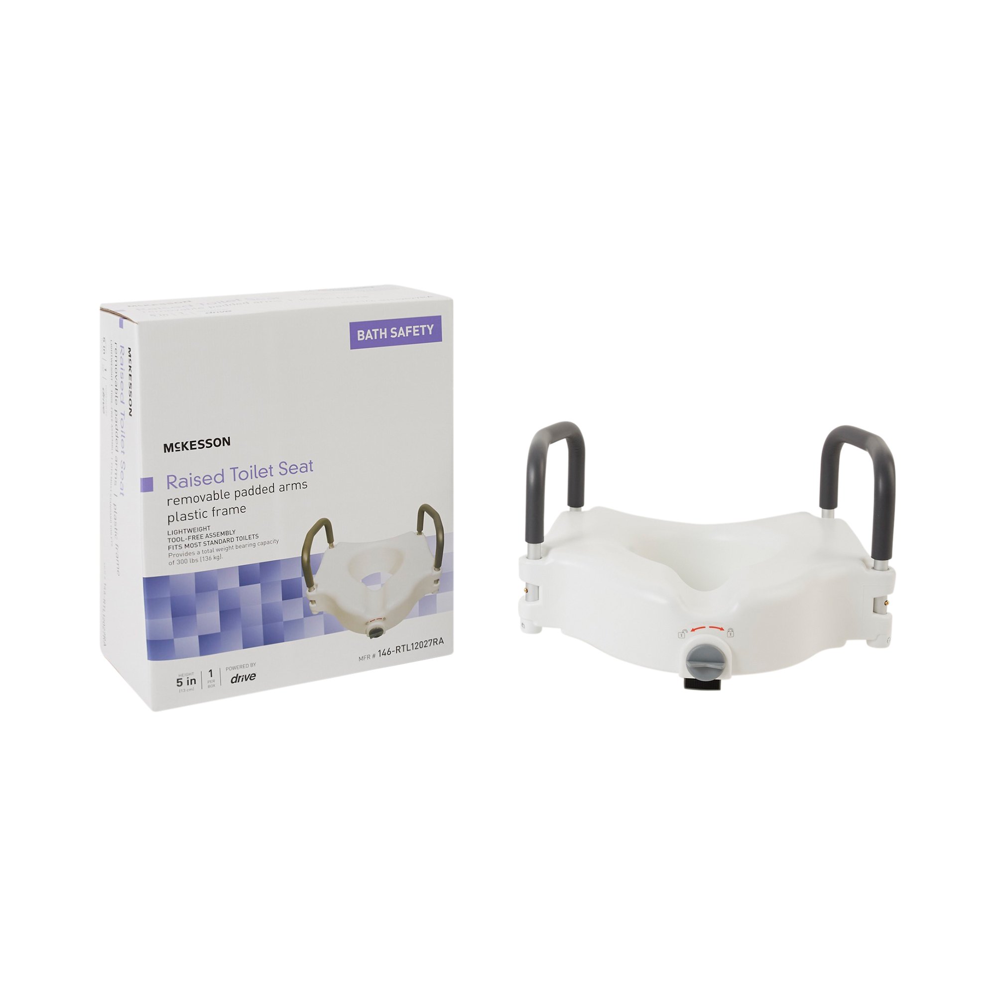 McKesson Raised Toilet Seat with Arms - 5 Inch Height, White, Supports Up to 300 lbs
