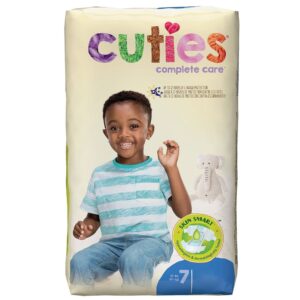 Cuties Complete Care Size 7 Baby Diapers for Children 41+ lbs, Heavy Absorbency, Refastenable Tabs, Assorted Animal Designs