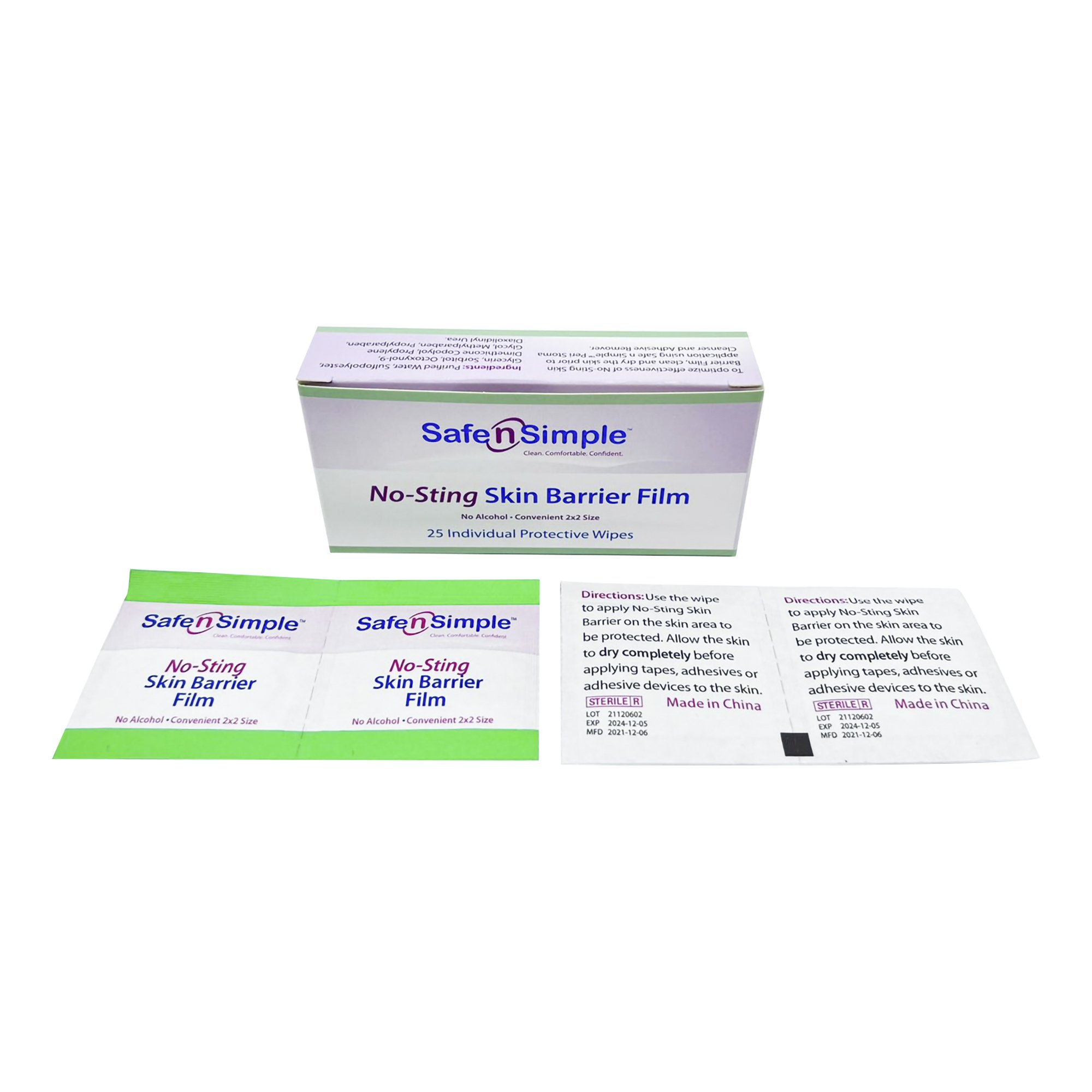Safe N Simple™ No-Sting Skin Barrier Wipe - 2x2 Inch Sterile Prep Pads for Skin Protection and Cleansing