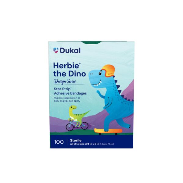 American White Cross Stat Strip Kid Design Herbie the Dinosaur Adhesive Bandage - 3/4 inch x 3 inch, Sterile, Pack of 100 - Image 3