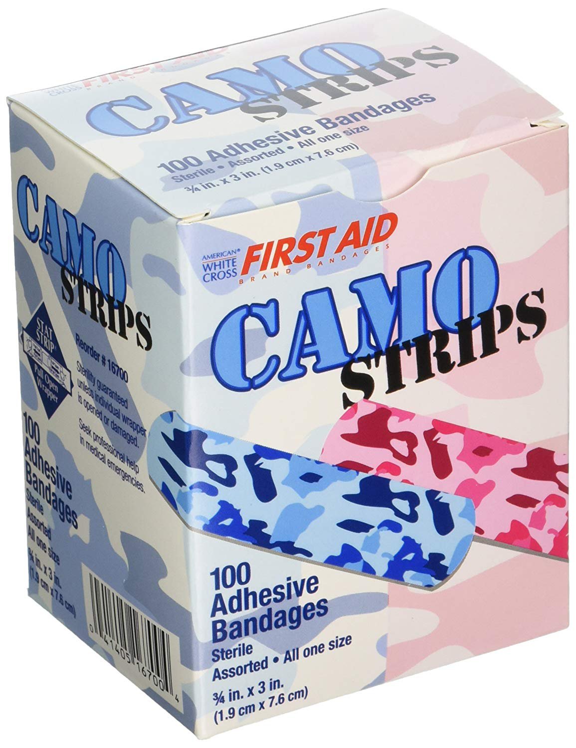 American? White Cross Stat Strip? Kid Design Blue & Pink Camo Adhesive Bandages, 3/4 x 3 Inches (100 Per Box)