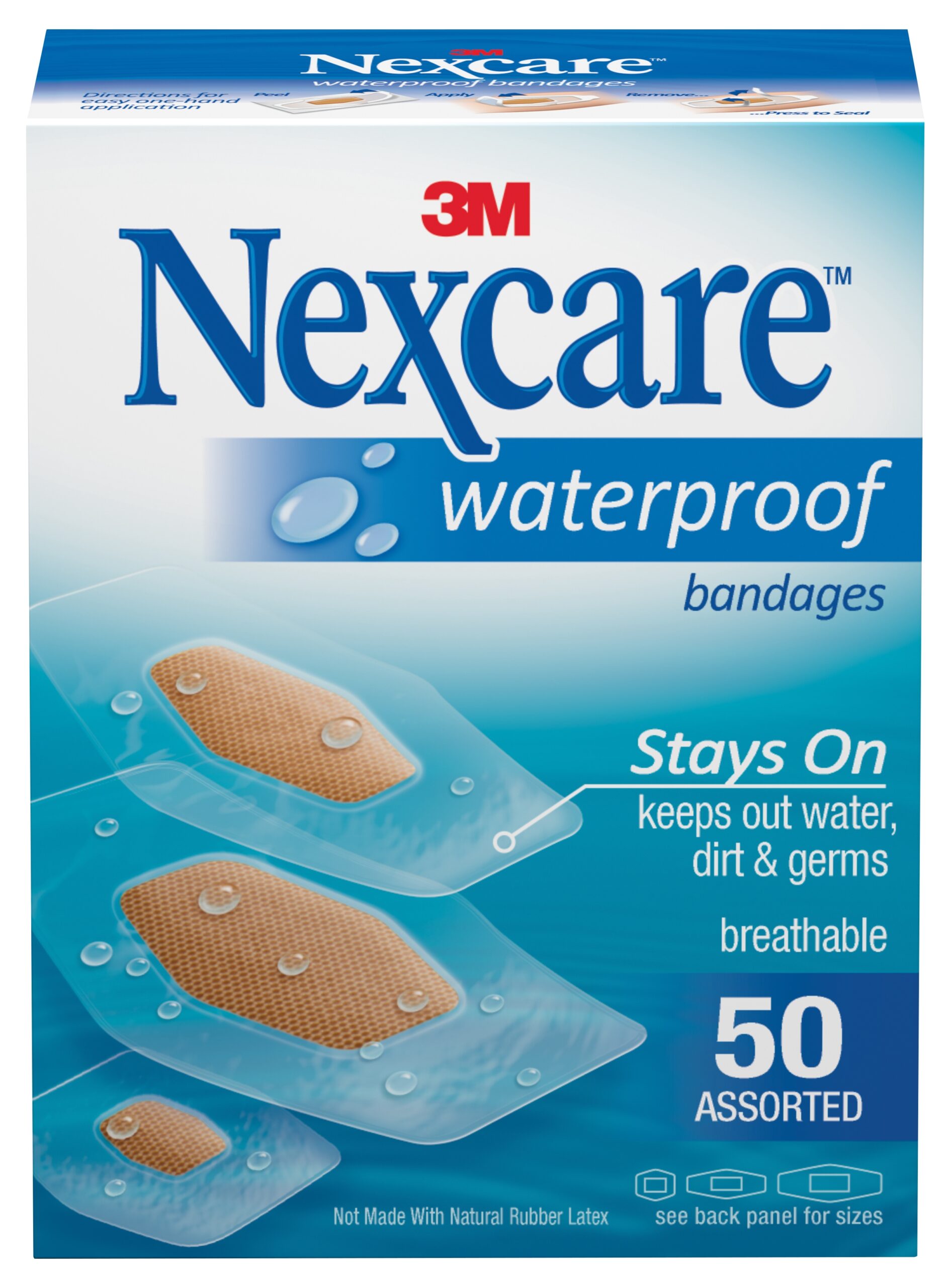 Nexcare* Waterproof Clear and Tan Adhesive Bandages Assorted Sizes * 50 Sterile Waterproof Wound Care Strips