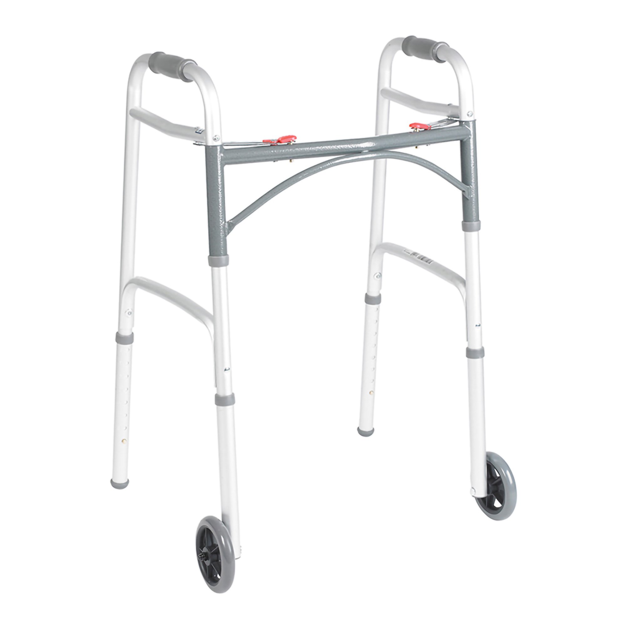 Drive* Deluxe Aluminum Dual Release Folding Walker with 5-inch Wheels, Adjustable Height, Silver