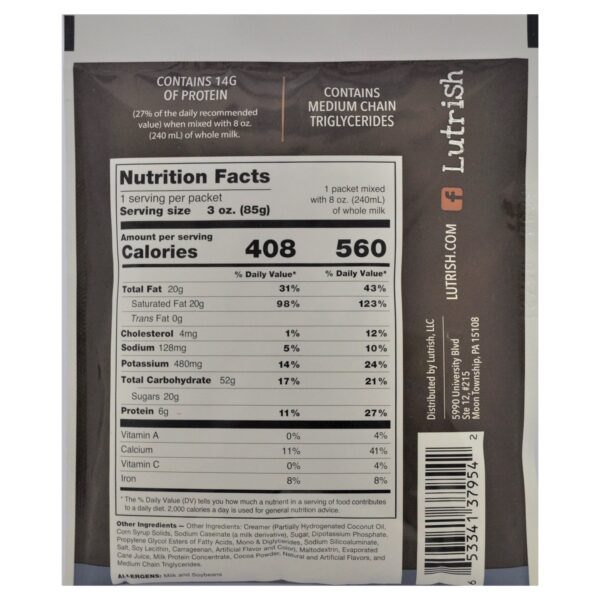 Lutrish High Calorie Chocolate Oral Supplement Shake - 3 oz Packets (24/CS) - Image 2