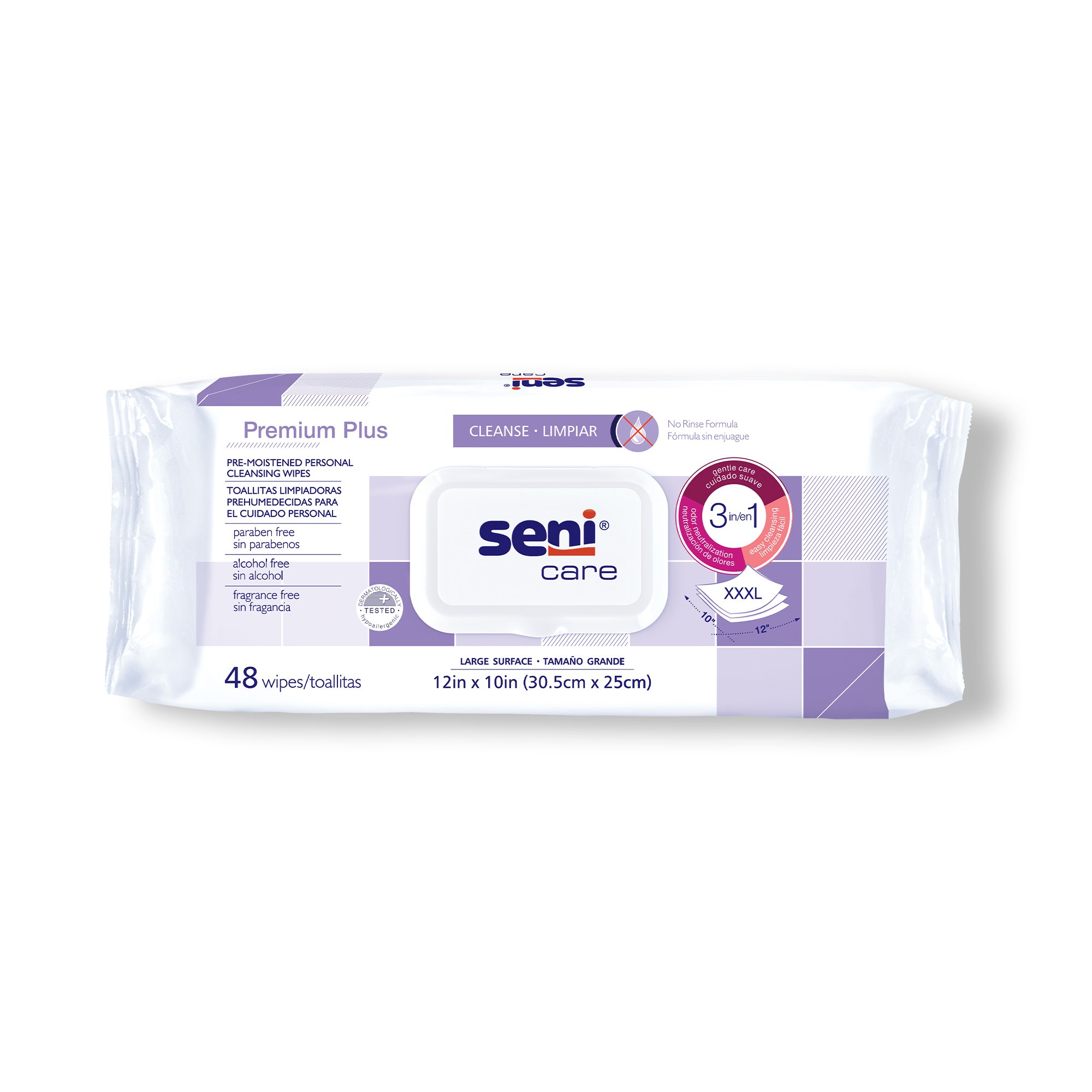 Seni® Care Premium Plus Personal Cleansing Wipes – Unscented, Nonwoven, Soft Pack, 48 Count