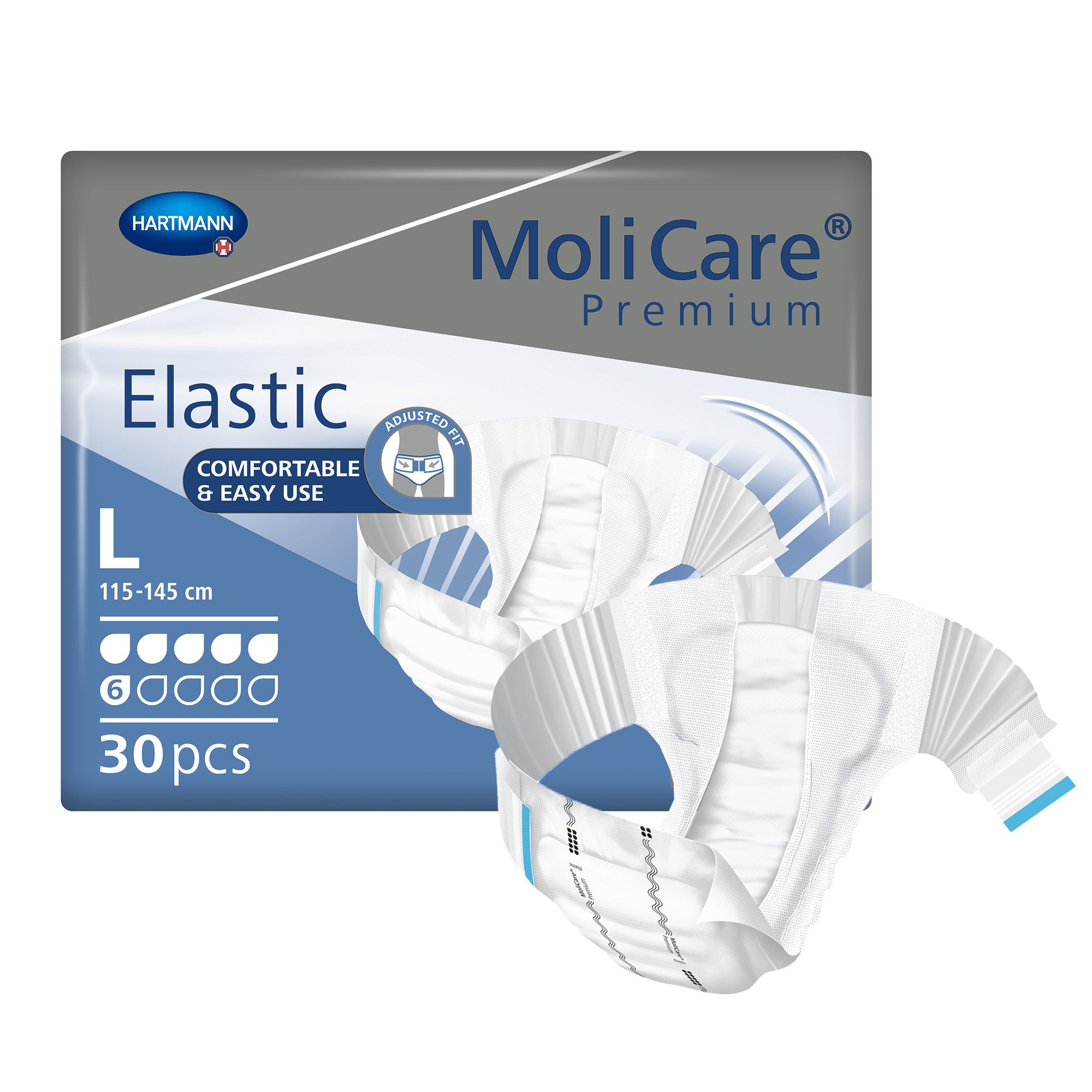 MoliCare® Premium Elastic 6D Large Incontinence Briefs for Adults, Moderate Absorbency, Refastenable Tabs, 45-57 Inch Waist