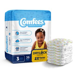 Comfees Size 3 Baby Diapers with Refastenable Tabs, 36 Count - Kid Design, Moderate Absorbency