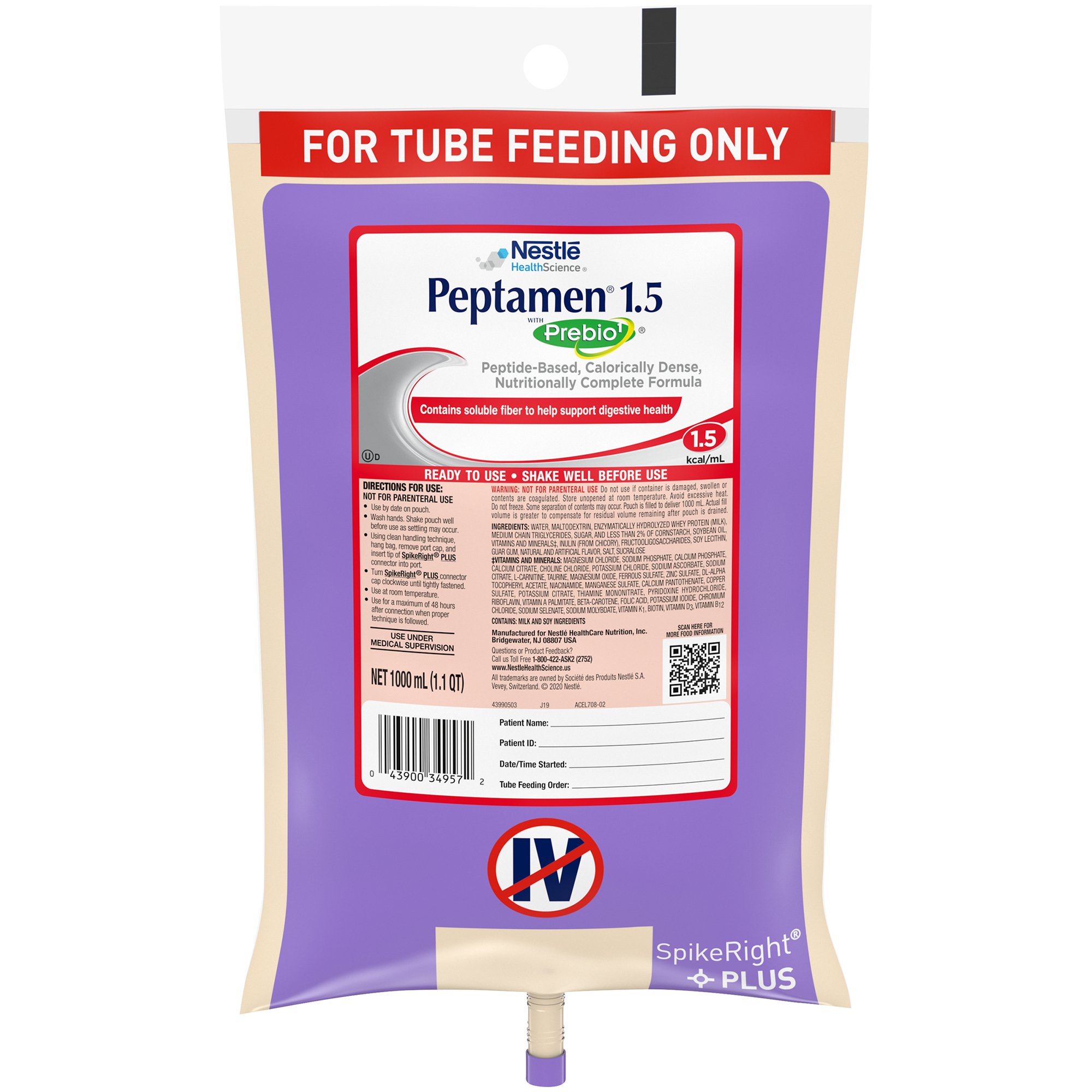 Peptamen? 1.5 with Prebio1* Nutritional Tube Feeding Formula by Nestle, 1 Liter Ready-to-Hang Container