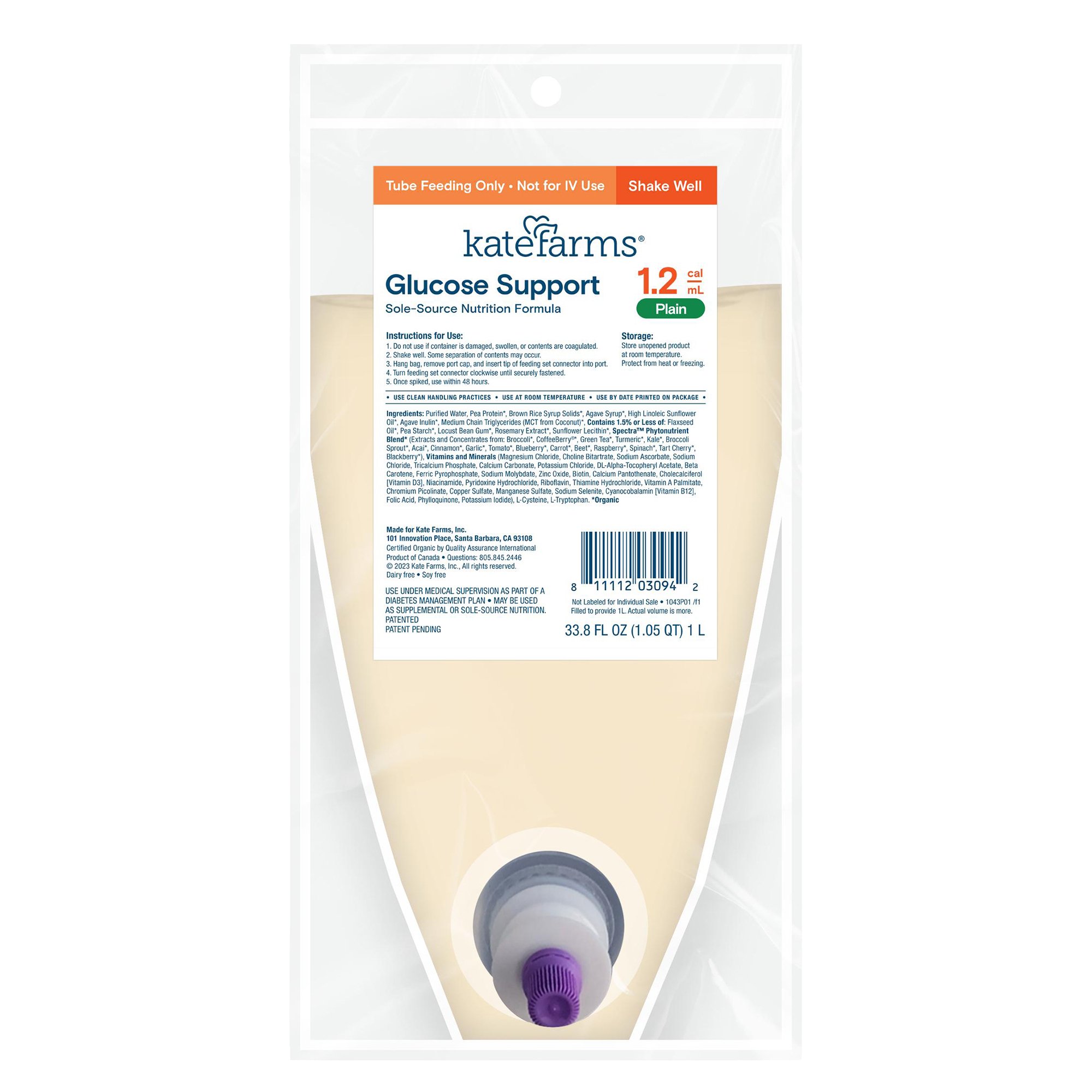 Kate Farms Glucose Support 1.2 Tube Feeding Formula, 1000 mL Ready-to-Hang Pre-Filled Container