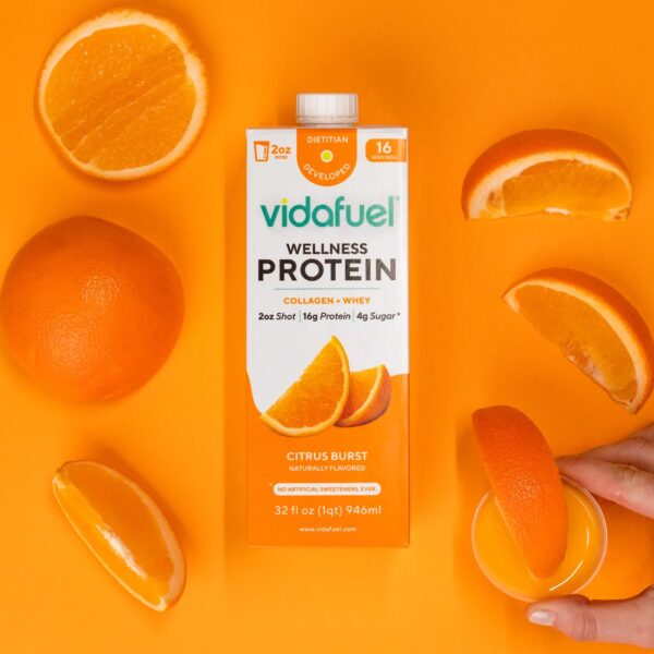 Vida Fuel Wellness Protein Drink with Collagen and Whey, Orange Burst Flavor * 2 oz. Liquid Oral Supplement, 32 oz. Reclosable Carton - Image 3