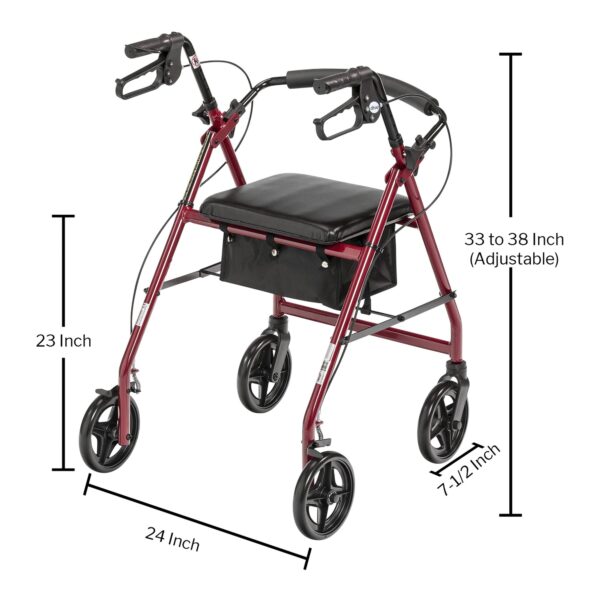 McKesson Red Four-Wheel Rollator with 7.5-inch Casters and Adjustable Height - Image 2
