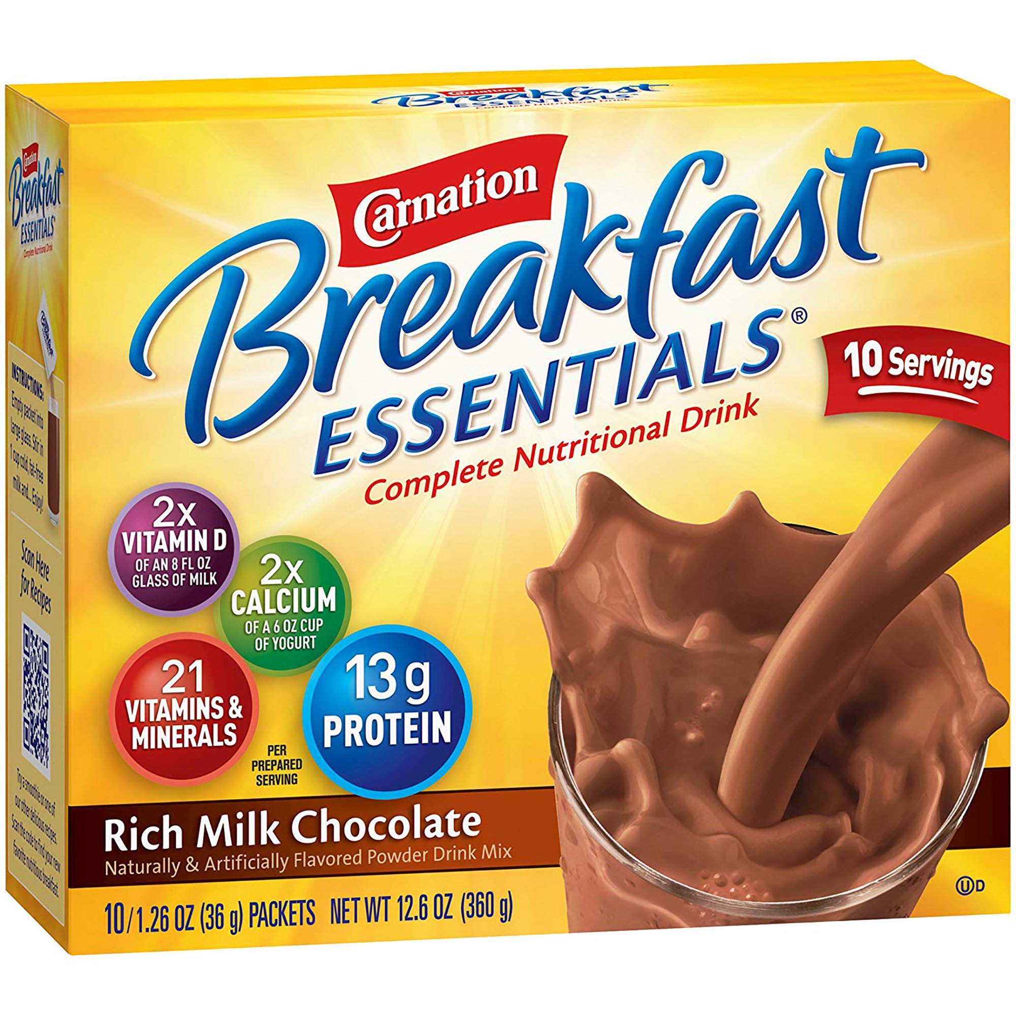 Carnation Breakfast Essentials Chocolate Nutritional Drink by Nestle - Protein Powder for Kids and Adults, 1.26 oz Individual Pack