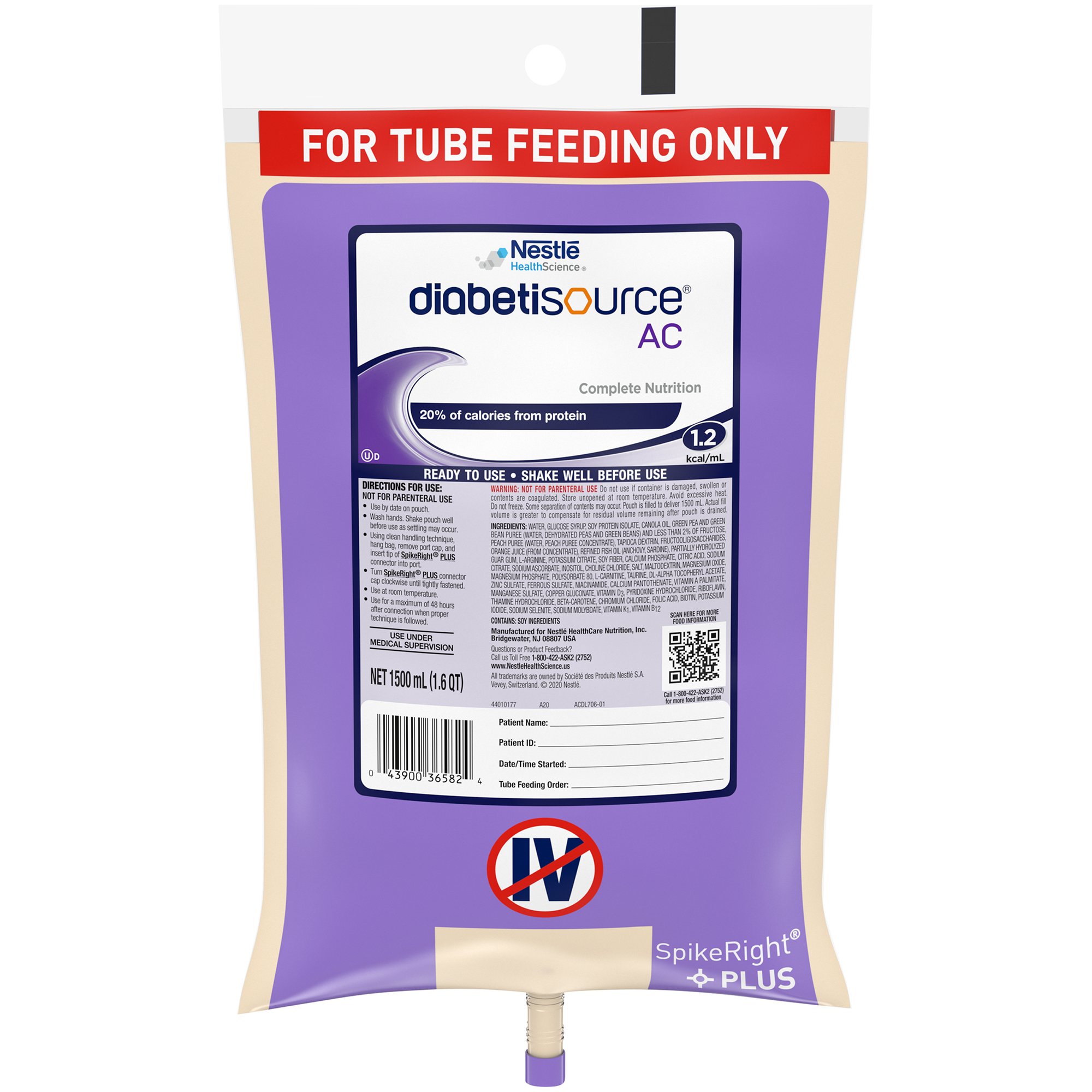 Diabetisource? AC Tube Feeding Formula, 1.5 L Ready to Hang Prefilled Container by Nestle
