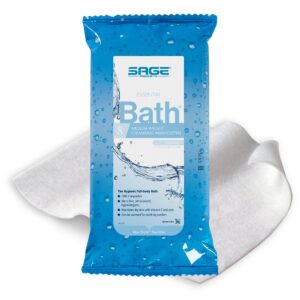 Sage Products Essential Bath Rinse-Free Wipes, Medium Weight – Soft Pack, 8x8 Inch, Hypoallergenic and Vitamin E Enriched Cleansing Cloths