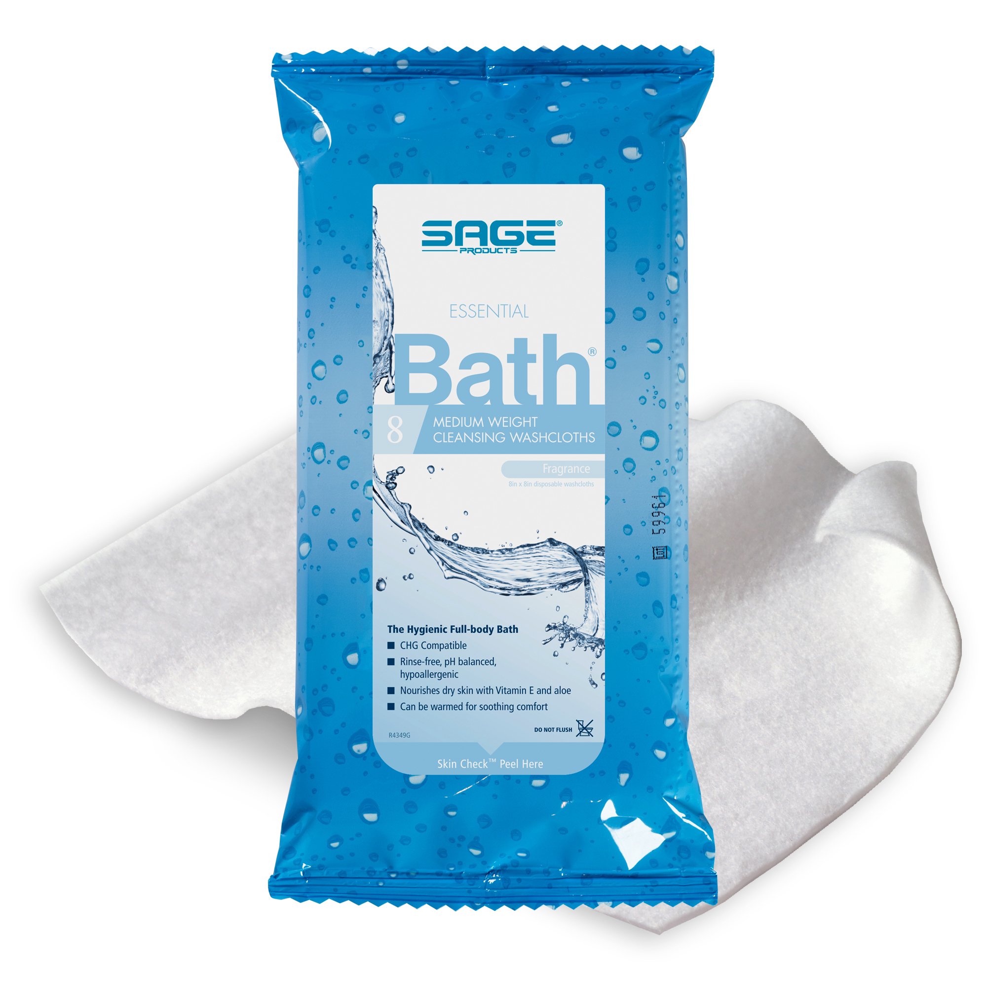 Sage Products Essential Bath Rinse-Free Wipes, Medium Weight – Soft Pack, 8x8 Inch, 30 Count per Pack