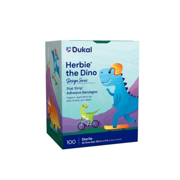 American White Cross Stat Strip Kid Design Herbie the Dinosaur Adhesive Bandage - 3/4 inch x 3 inch, Sterile, Pack of 100 - Image 2