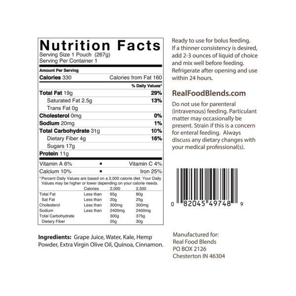 Real Food Blends Quinoa, Kale & Hemp Tube Feeding Pouch * 9.4 oz, Ready-to-Use Enteral Nutrition - Image 3