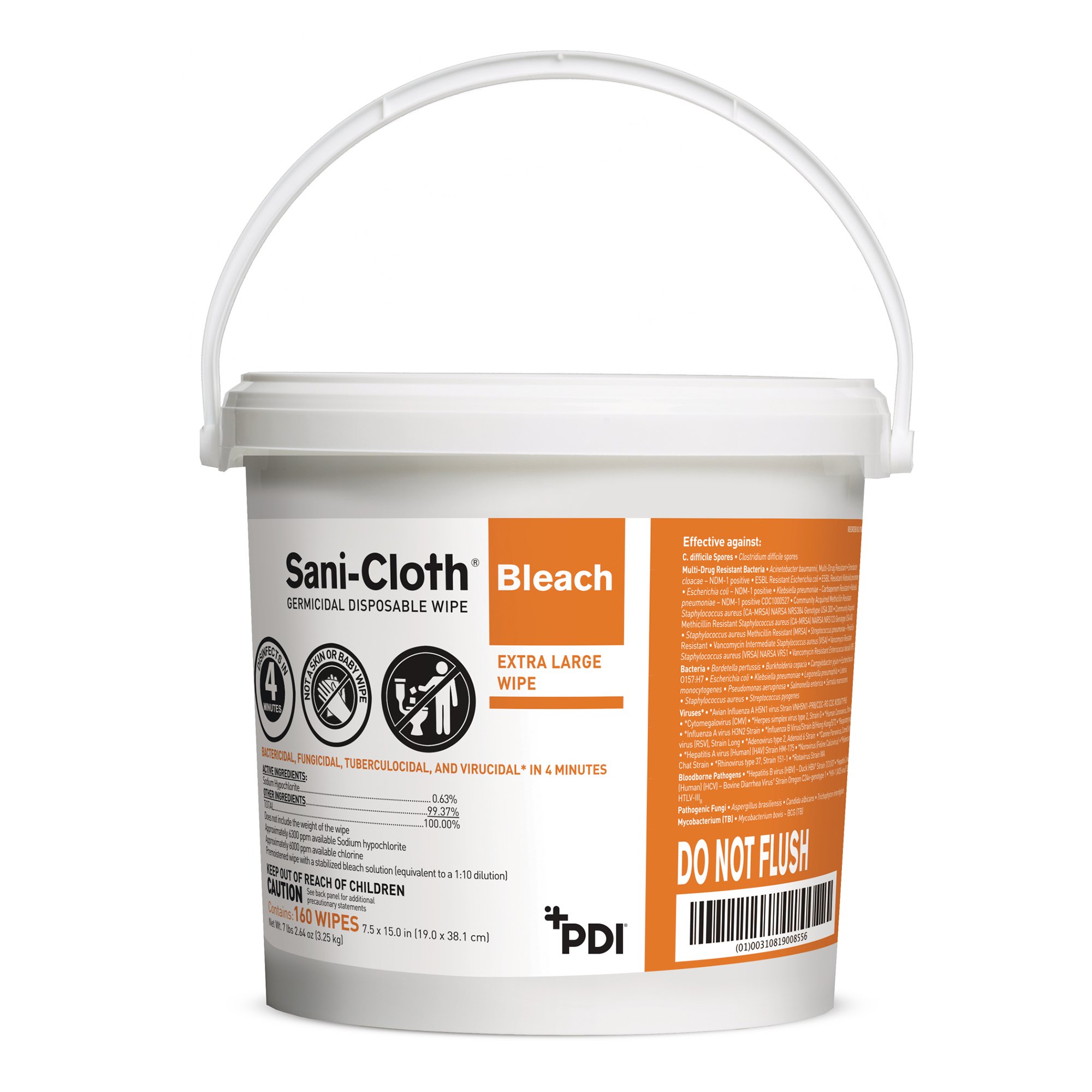 Sani-Cloth® Bleach Germicidal Extra Large Disinfectant Wipes – 7.5 x 15 Inches, 160 Count Pail