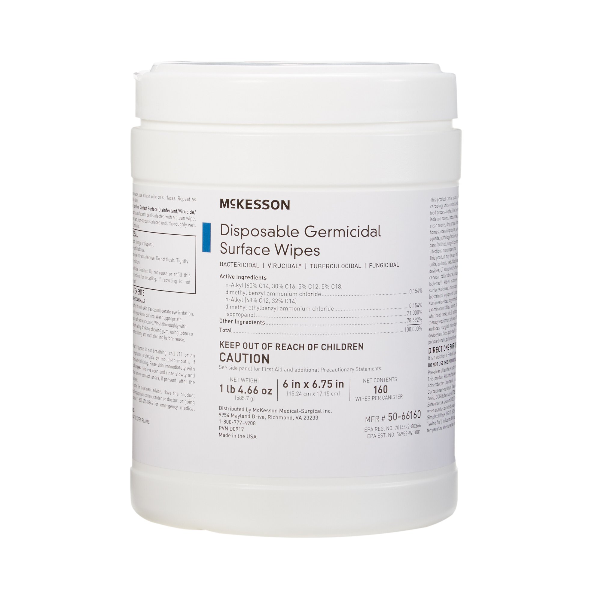 McKesson Germicidal Large Surface Disinfectant Wipes, Canister – 160 Pre-Moistened Wipes for Nonporous Surfaces