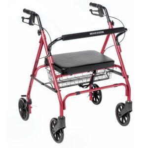 McKesson Bariatric Red Folding Steel Four-Wheel Rollator with 8-inch Casters and 500 lb Capacity