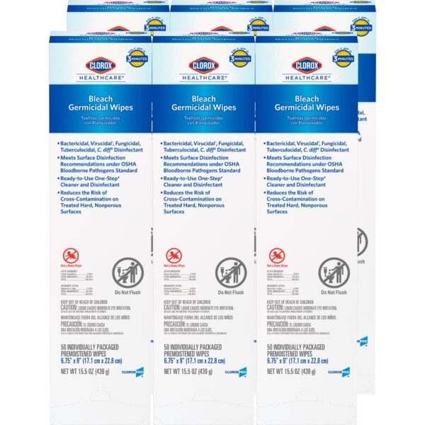 Clorox Healthcare Germicidal Bleach Wipes – 50 Count, 6.75 x 9 Inches, Hospital-Grade Surface Disinfectant - Image 5