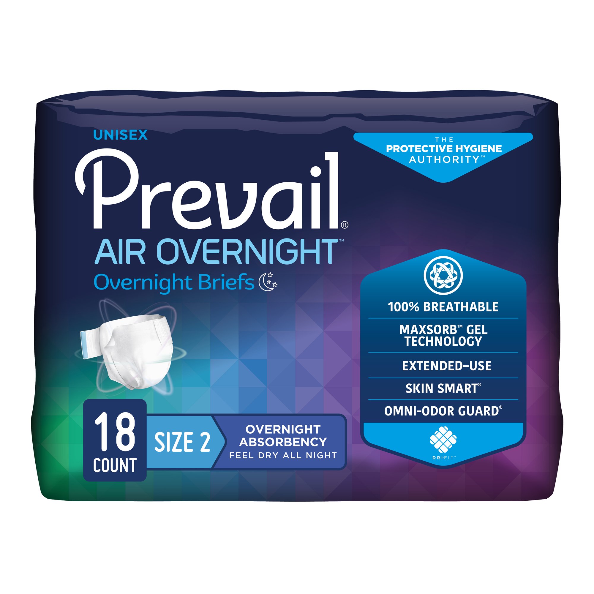 Prevail Air™ Overnight Heavy Absorbency Briefs Size 2 – 45 to 62 Inch Waist, Refastenable Tabs, Microclimate Care, and Skin Smart Fabric
