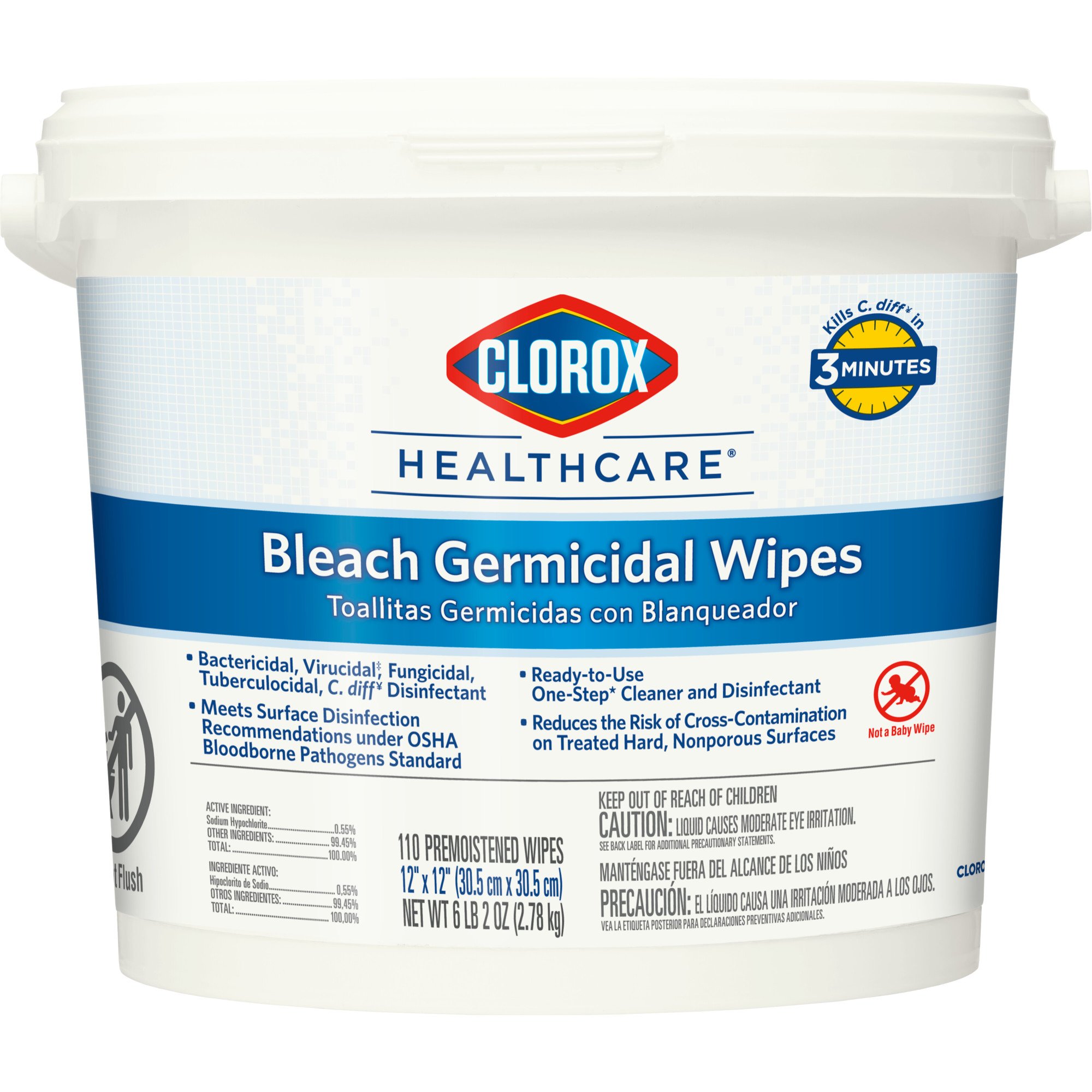 Clorox Healthcare Bleach Germicidal Wipes – 12 x 12 Inches, 110 Count, Hospital-Grade Surface Disinfectant