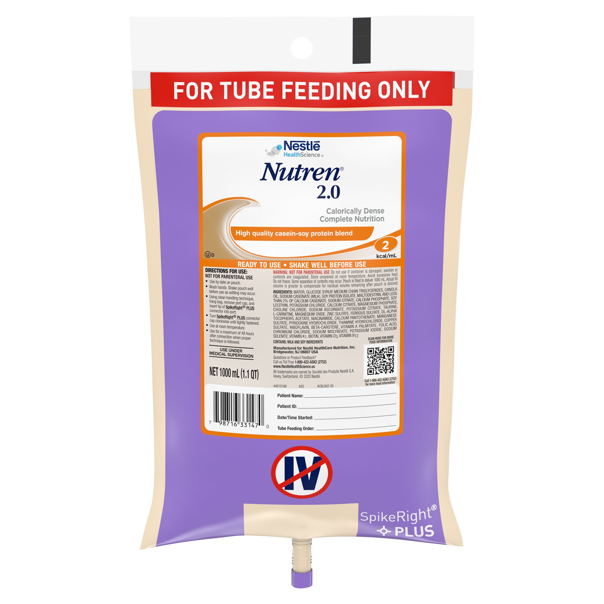 Nestle Nutren 2.0 Tube Feeding Formula - 1000 mL Ready to Hang Prefilled Container