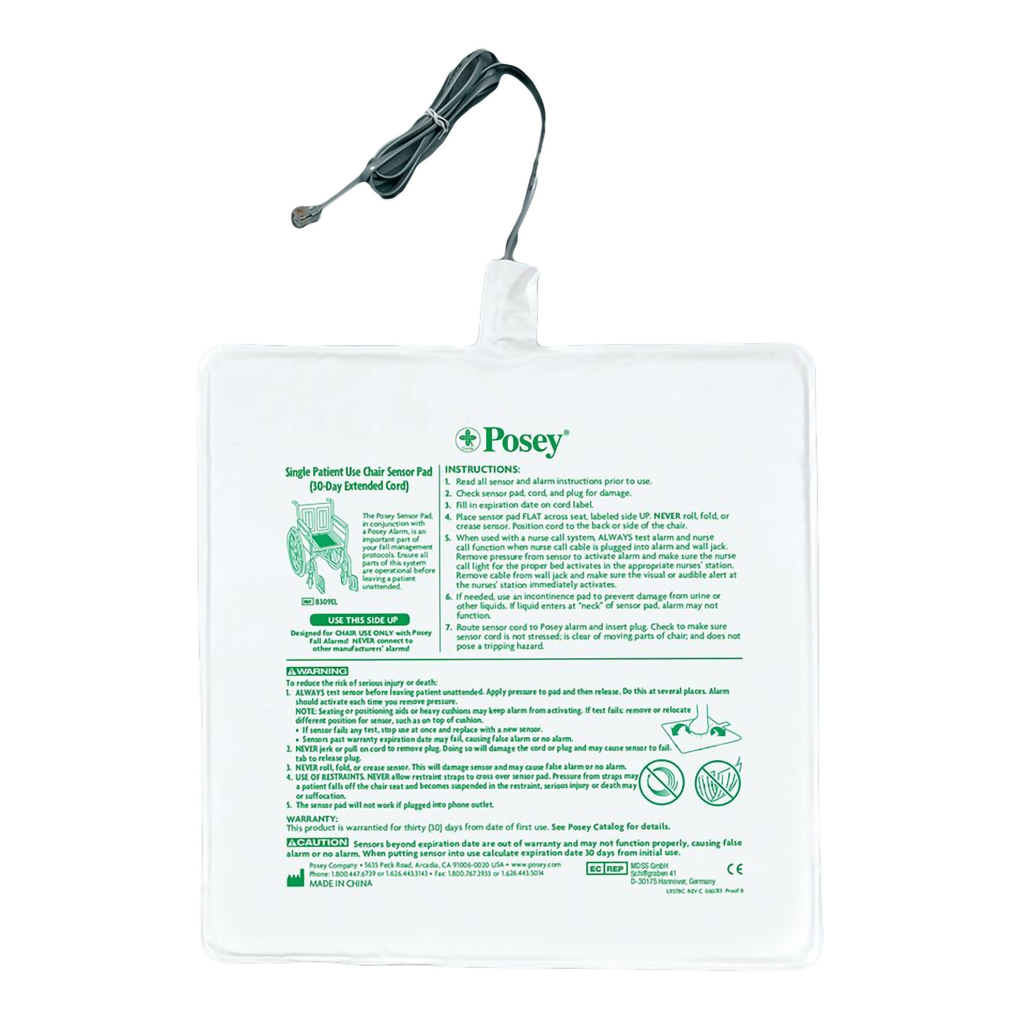 Posey Fall Management Chair Sensor Pad - 13x13 Inch Single Patient Use Monitor