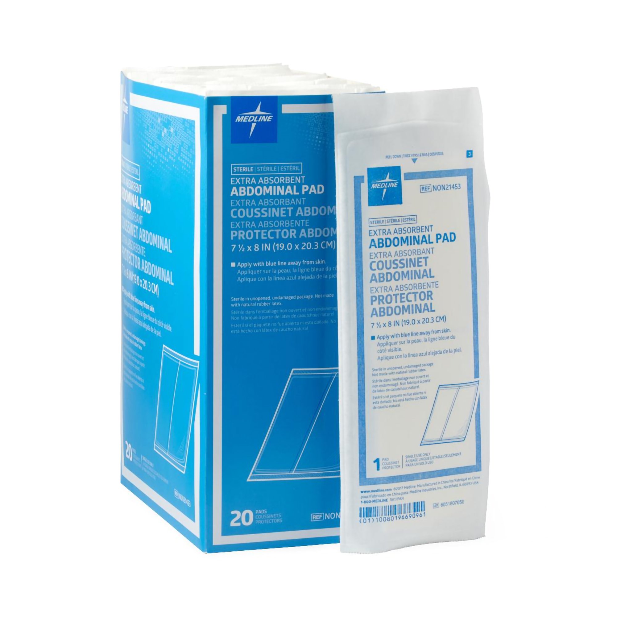 Medline Sterile Abdominal Pad, 7-1/2 x 8 Inch - Nonwoven Cellulose Gauze Dressing