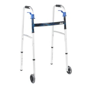 Drive* Aluminum Dual Release Folding Walker with Wheels * Flame Blue, Adjustable Height from 32.5 to 39.5 Inches, 350 lb Capacity