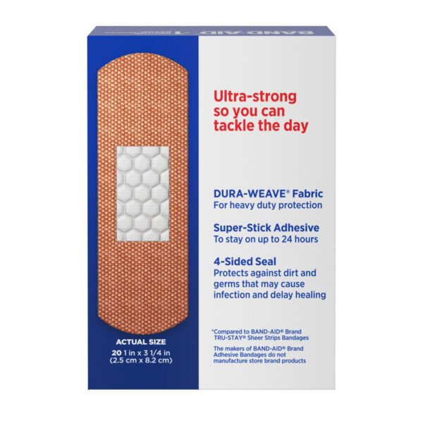 Band-Aid? Tough Strips* Adhesive Bandages 1 x 3-1/4 Inch, Heavy-Duty Fabric for Hardworking Hands, Sterile, Tan, 20 Count - Image 2
